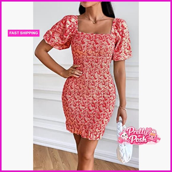 Floral Puff Sleeve Mini Dress Square Neck Ruffle Hem Bodycon - Picture 5 of 7
